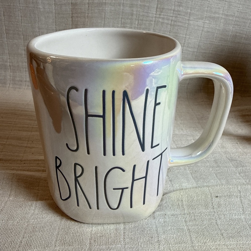 Rae Dunn Shine Bright Iridescent Coffee Mug White Ceramic Artisan Collection